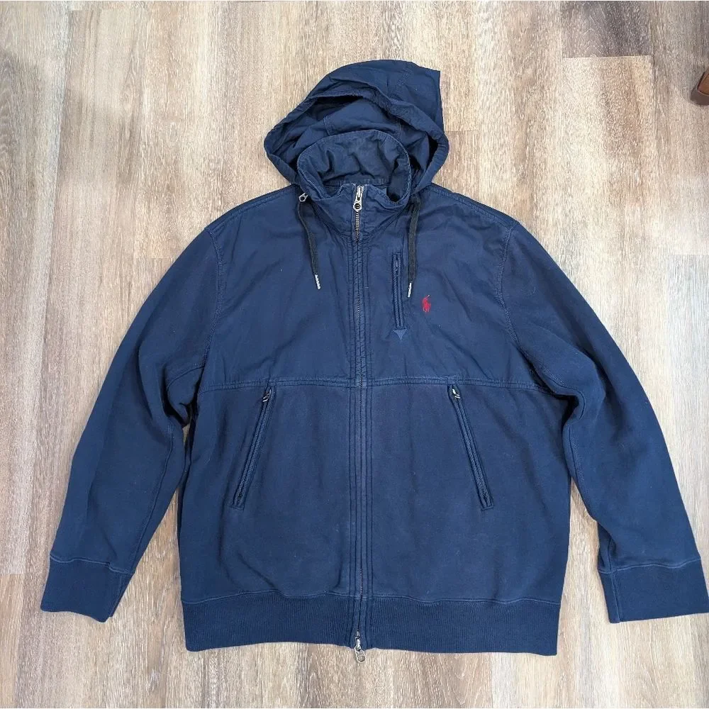 Polo Ralph Lauren Navy Hybrid Fleece Jersey Nylon Hooded Red Pony Jacket Sz XXL